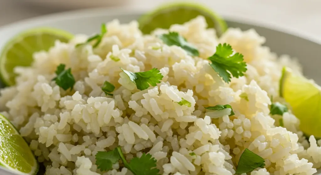 Cilantro lime rice in a rice cooker served alongside tacos for a fresh, zesty side dish