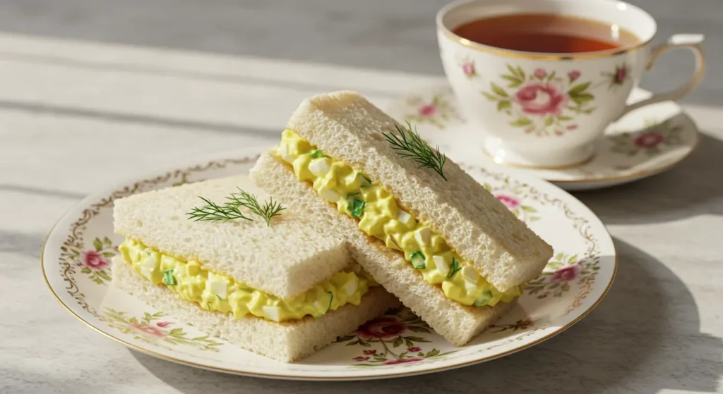 Mini Creamy Egg Salad Tea Sandwiches for Parties with crustless white bread and herbs