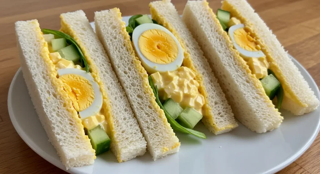 Elegant Creamy Egg Salad Tea Sandwiches for Parties served with cucumber slices and tea