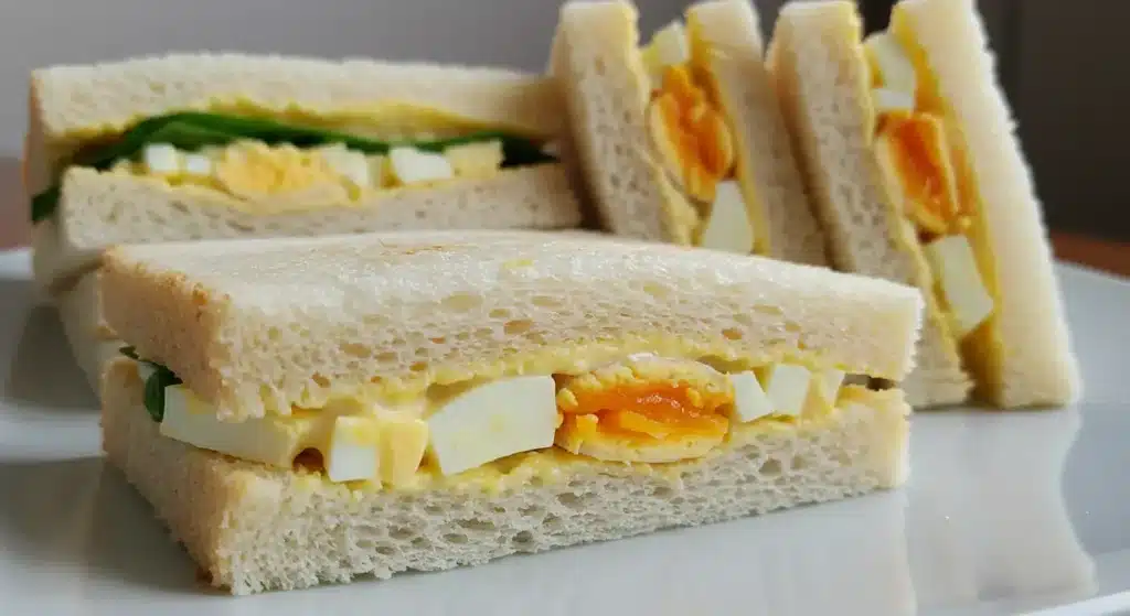 Party-ready Creamy Egg Salad Tea Sandwiches garnished with chives and paprika