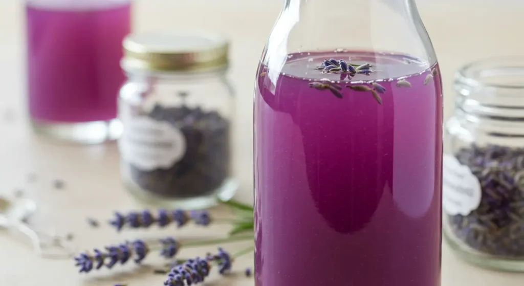 Lavender simple syrup made with water, sugar, and culinary lavender in a flat lay presentation