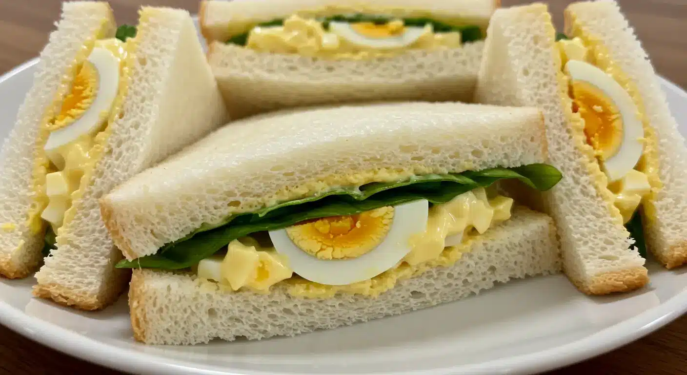 Creamy Egg Salad Tea Sandwiches for Parties arranged on a tiered serving tray