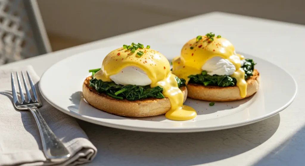 Vegetarian Florentine Benedict made with perfectly poached eggs and buttery sauce over toasted bread