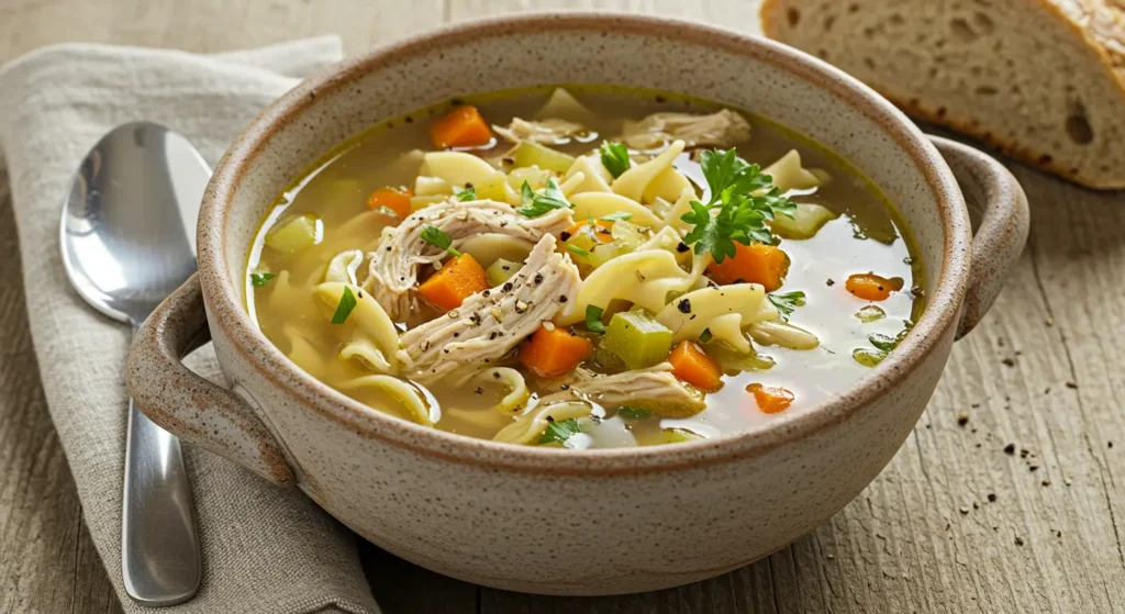 Homemade Gluten-Free Chicken Noodle Soup served with a side of gluten-free bread