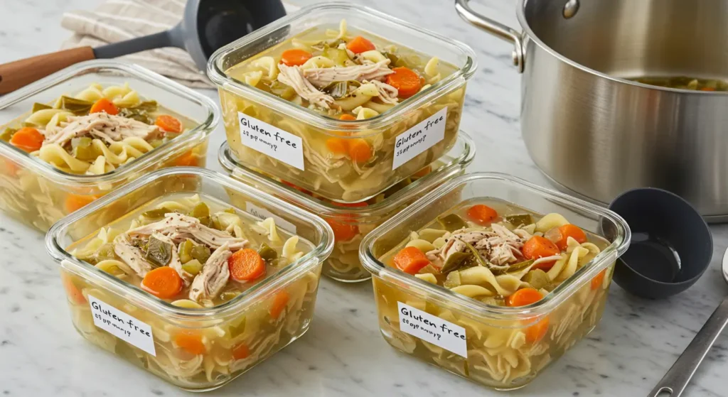 Comforting Gluten-Free Chicken Noodle Soup simmering with carrots, celery, and broth