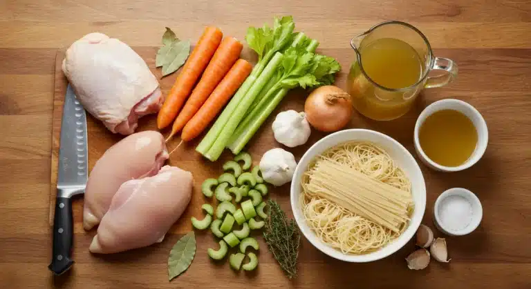 Warm bowl of Gluten-Free Chicken Noodle Soup with shredded chicken and vegetables