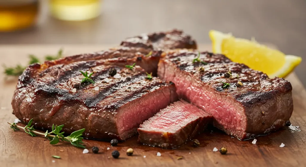 Medium-rare Grilled Hanger Steak topped with herbs and served with garlic mashed potatoes