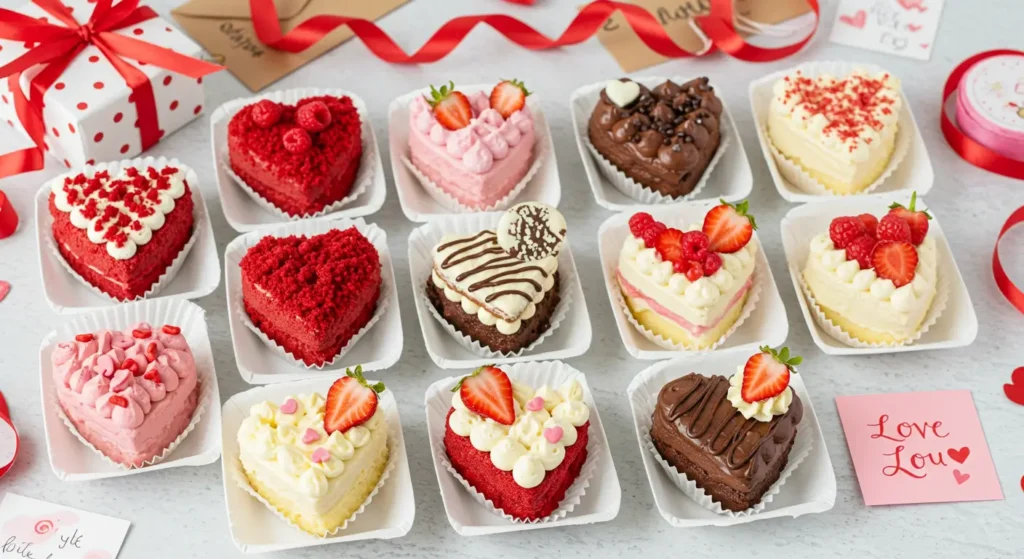 Homemade heart shaped cakes in red velvet and vanilla flavors for a romantic occasion