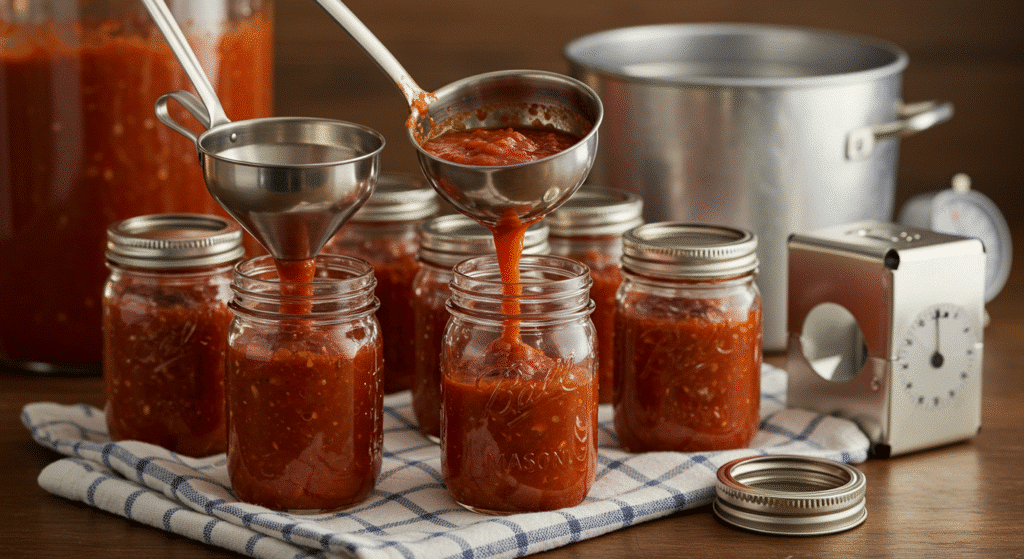 Batch of Homemade Canned Spaghetti Sauce labeled and ready for pantry storage
