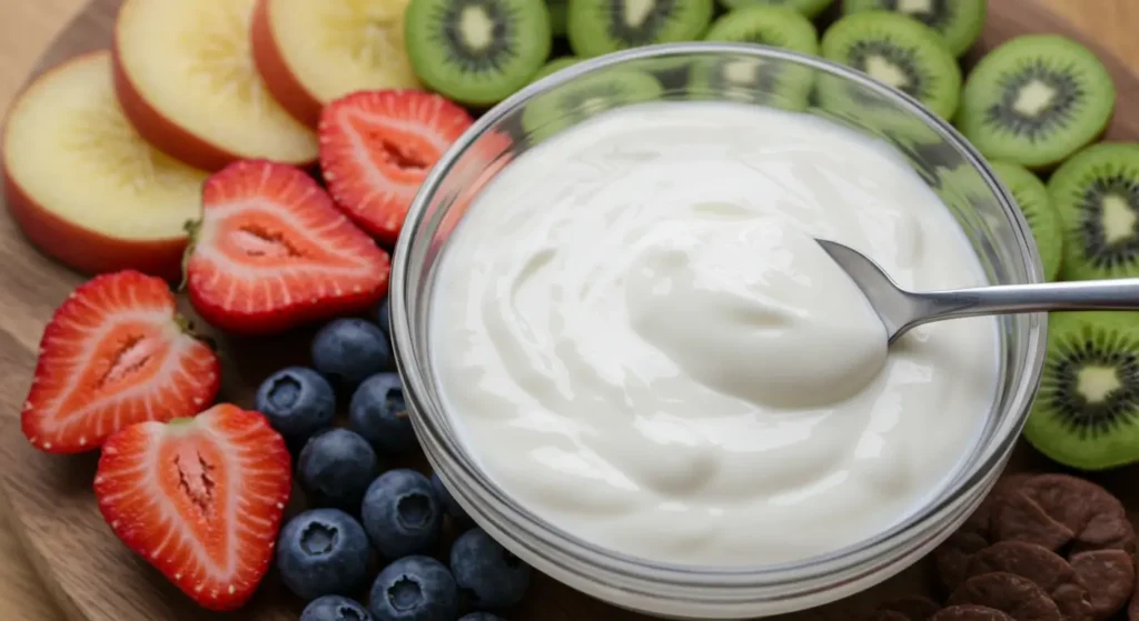 Homemade yogurt fruit dip in a bowl surrounded by colorful sliced fruits