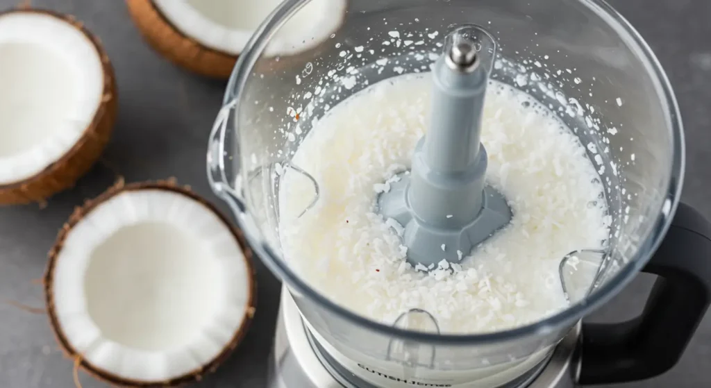 Homemade coconut milk being strained through cheesecloth into a glass bowl