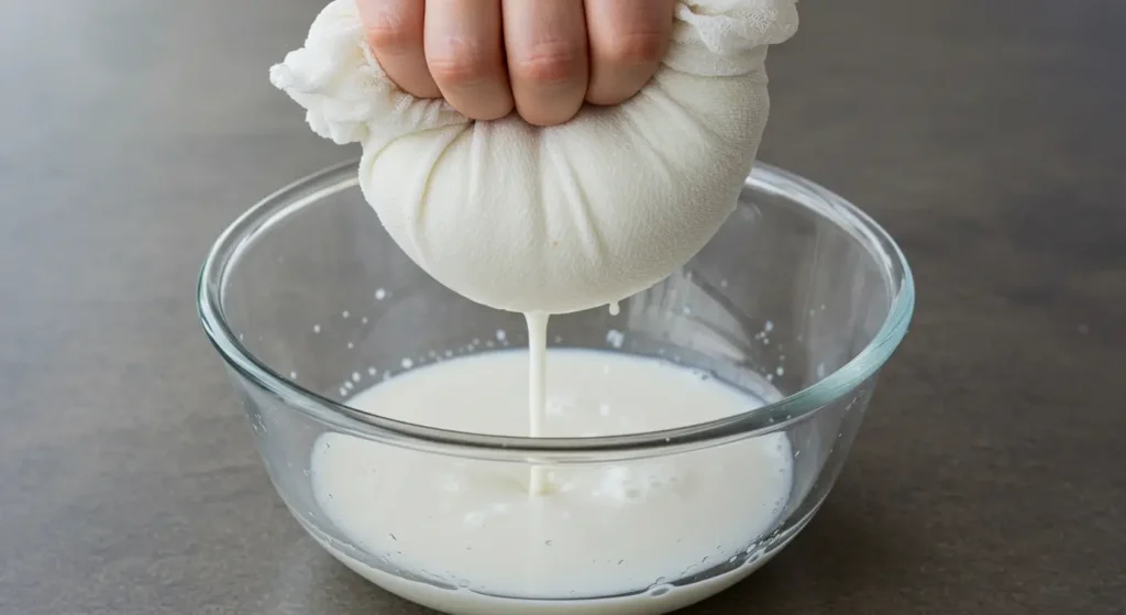 How to make coconut milk with shredded coconut, water, and kitchen tools on the counter