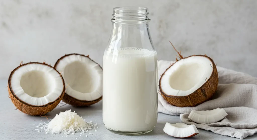 Rich and creamy coconut milk freshly made at home and poured into a glass jar