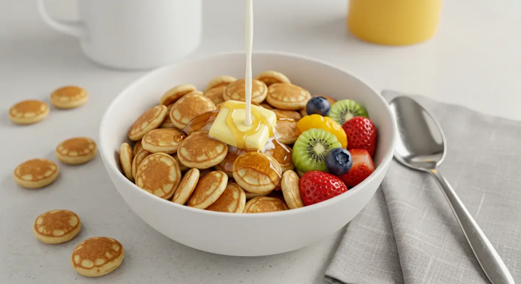Customize your mini pancakes with various flavors like blueberry, cinnamon, and vanilla