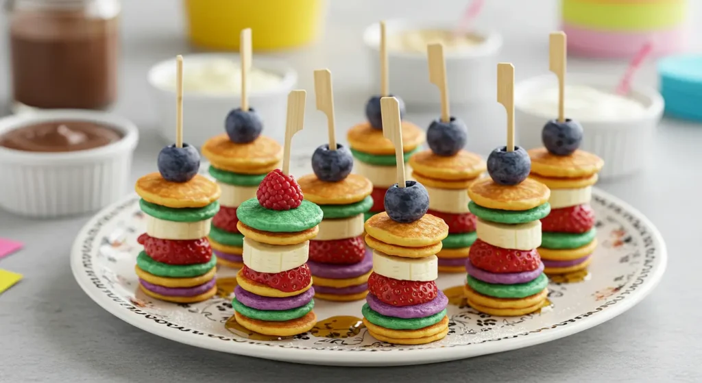 Stack of mini pancakes with assorted toppings including nuts, fruit, and whipped cream