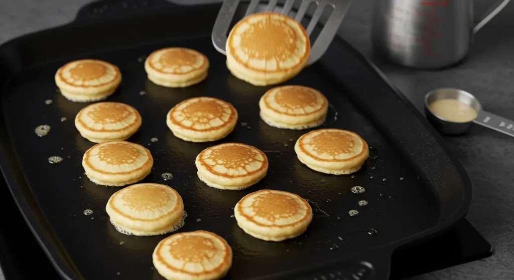 Delicious mini pancakes served with honey, sliced bananas, and a dusting of powdered sugar