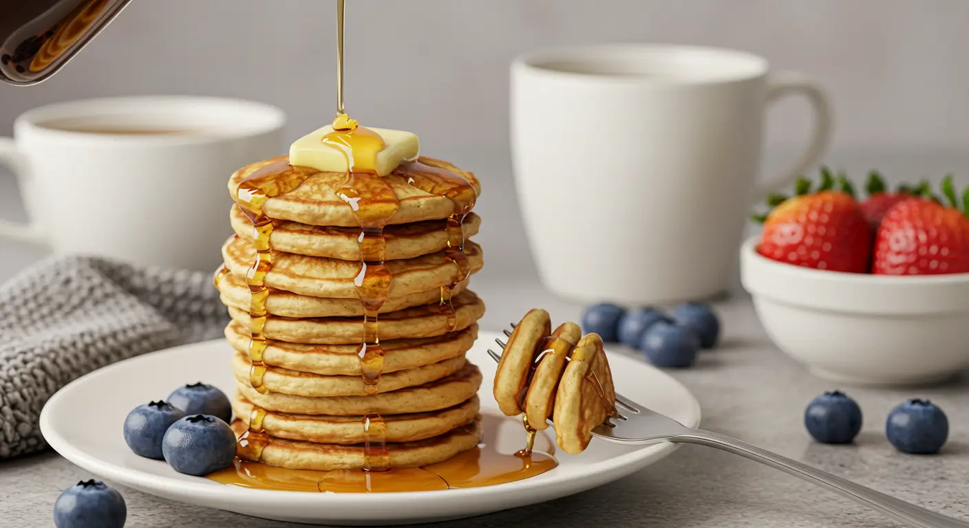 Mini pancakes topped with fresh berries, chocolate chips, and maple syrup