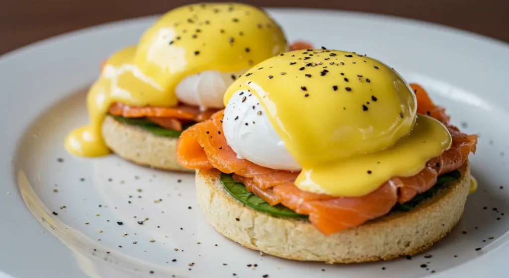 Elegant Salmon Eggs Benedict served with smoked salmon and fresh dill