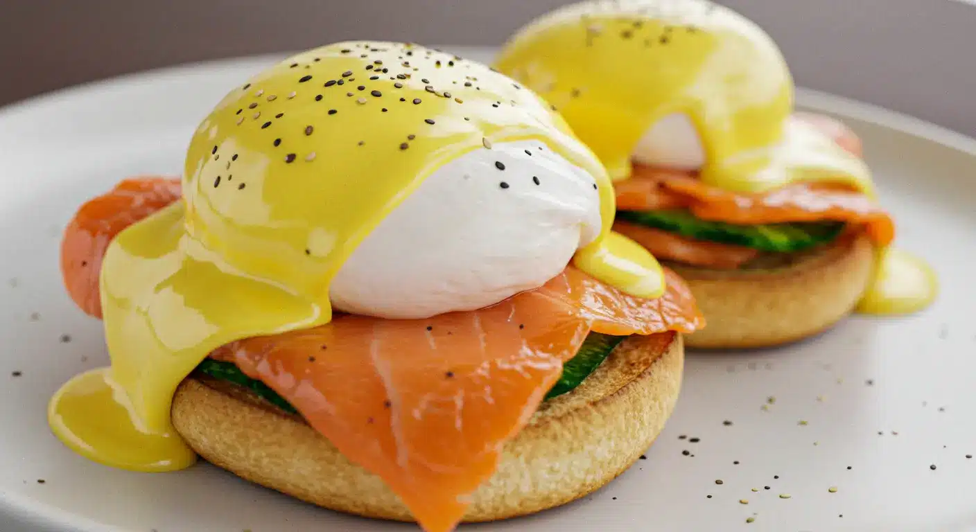 Salmon Eggs Benedict with perfectly poached eggs and hollandaise on toasted muffins