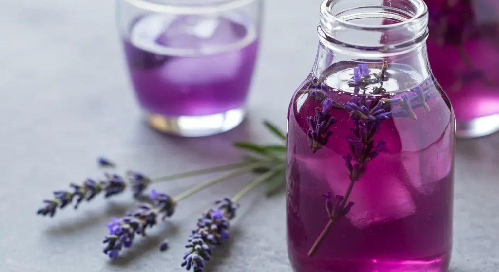 Lavender simple syrup being added to tea or lemonade for a fragrant, floral flavor boost