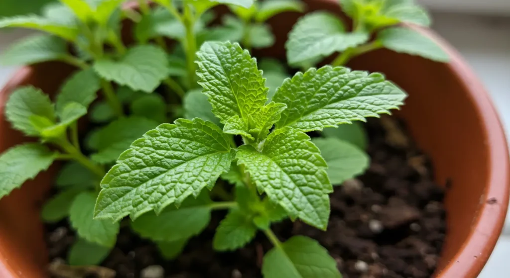 Organic Lemon Balm Tea in a teapot with steam rising and fresh leaves nearby