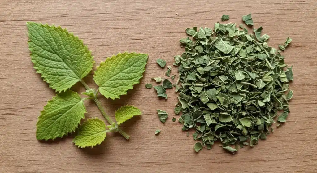 Relaxing Lemon Balm Tea on a wooden tray with honey and dried lemon balm leaves