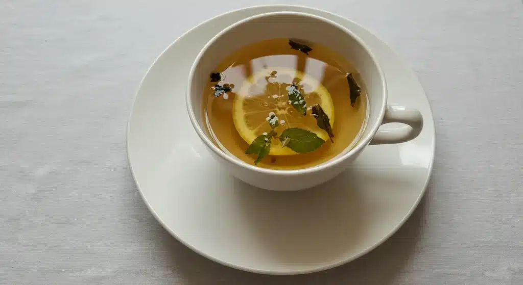 Soothing Lemon Balm Tea served hot with a sprig of fresh lemon balm on the side