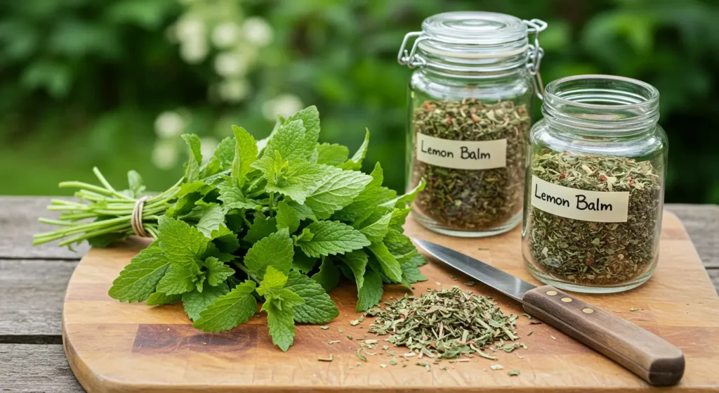Homemade lemon balm infusion served chilled with cucumber and lemon for detox support