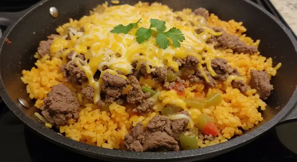 Delicious Mexican beef and rice skillet ingredients including ground beef, rice, beans, tomatoes, and spices