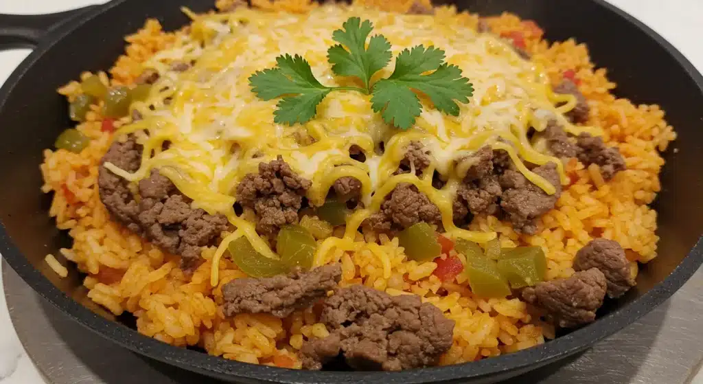Delicious Mexican beef and rice skillet topped with melted cheese, cilantro, and jalapeños