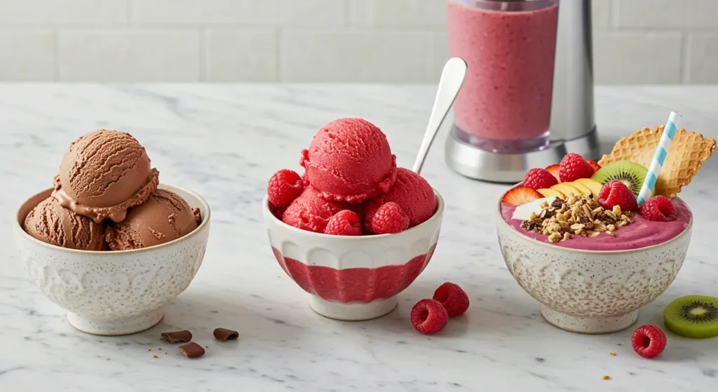 Ninja Creami machine churning creamy chocolate ice cream with minimal ingredients