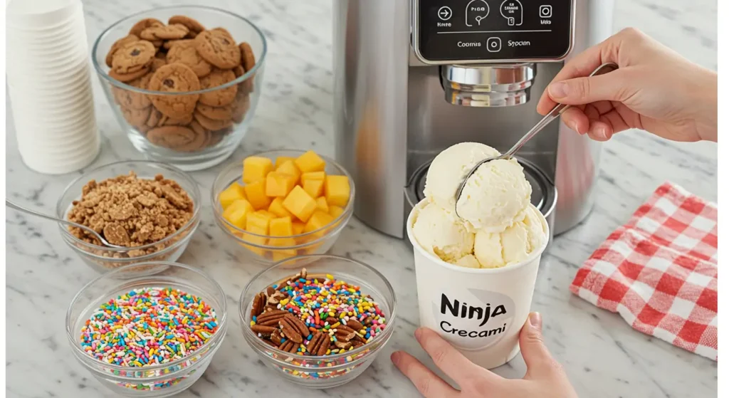 Homemade ice cream made easy using Ninja Creami, served with sprinkles and a cherry on top