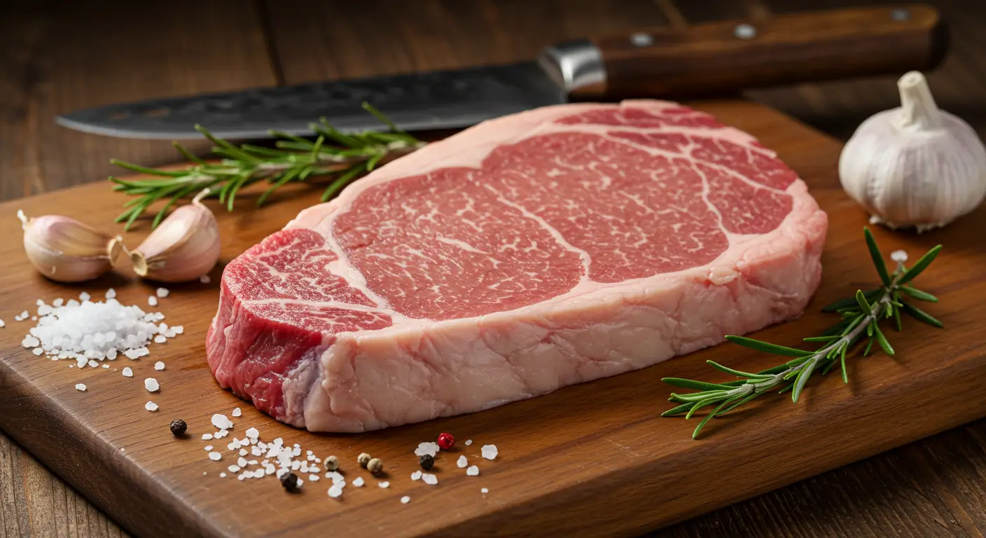 Grilled Picanha Steak sliced and served with coarse salt on a wooden cutting board