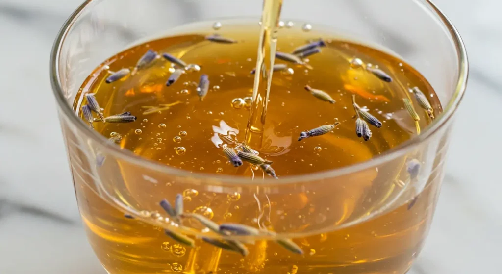 Lavender simple syrup served alongside a cup of herbal tea for a soothing, aromatic experience