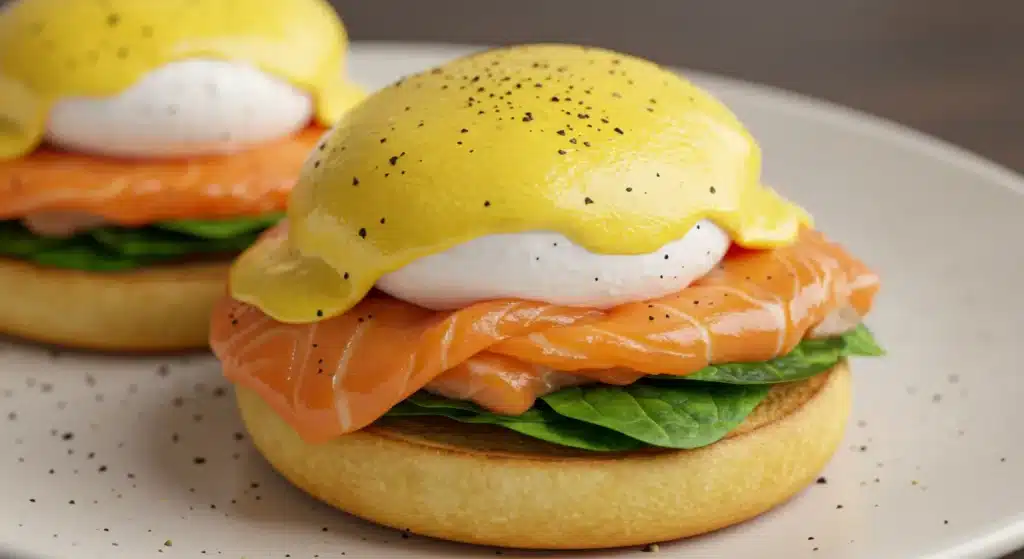Brunch plate featuring Salmon Eggs Benedict and a side of mixed greens
