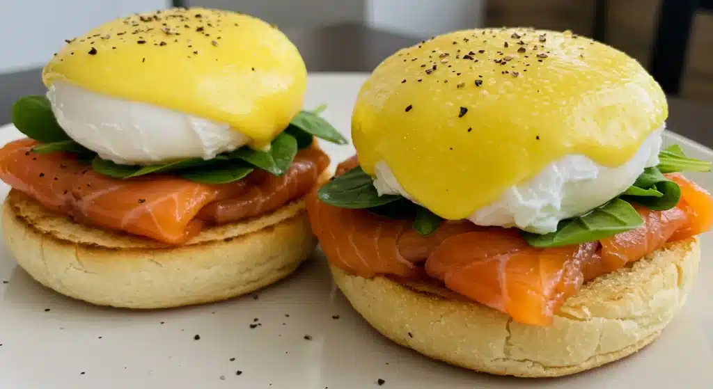 Homemade Salmon Eggs Benedict with creamy hollandaise and runny yolks