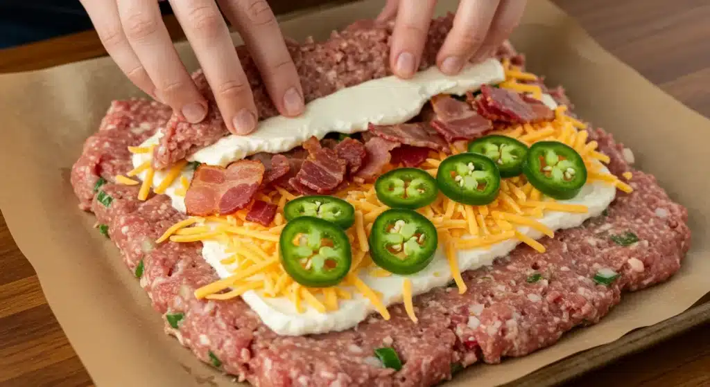 Cheesy and spicy Smoky Jalapeno Popper Meatloaf fresh from the oven with a crispy crust