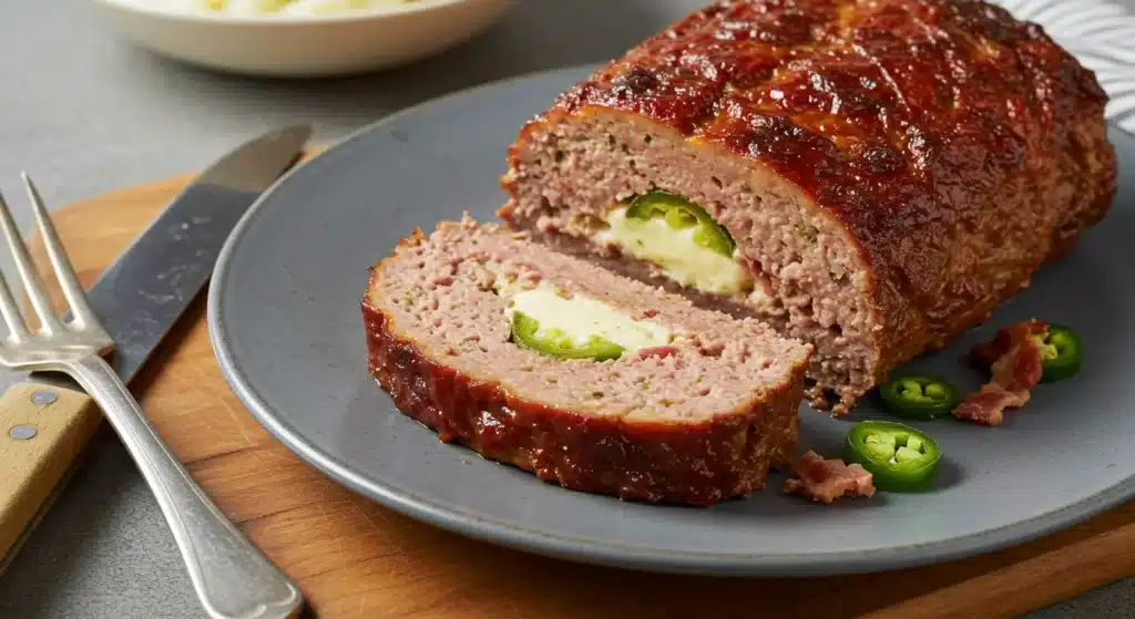 Smoky Jalapeno Popper Meatloaf topped with melted cheese and garnished with green onions
