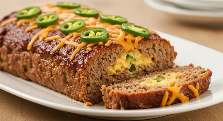 Smoky Jalapeno Popper Meatloaf sliced and stuffed with cream cheese, bacon, and jalapeños