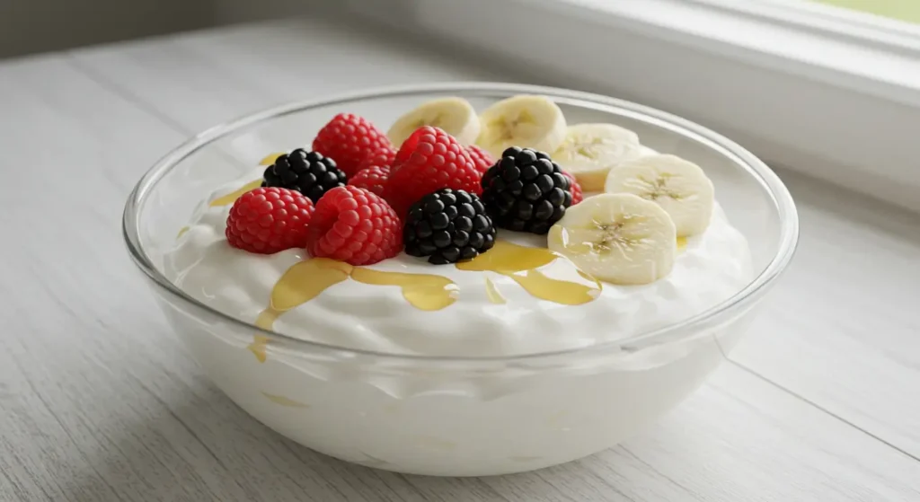 Healthy yogurt fruit dip recipe with honey and vanilla next to fresh apples
