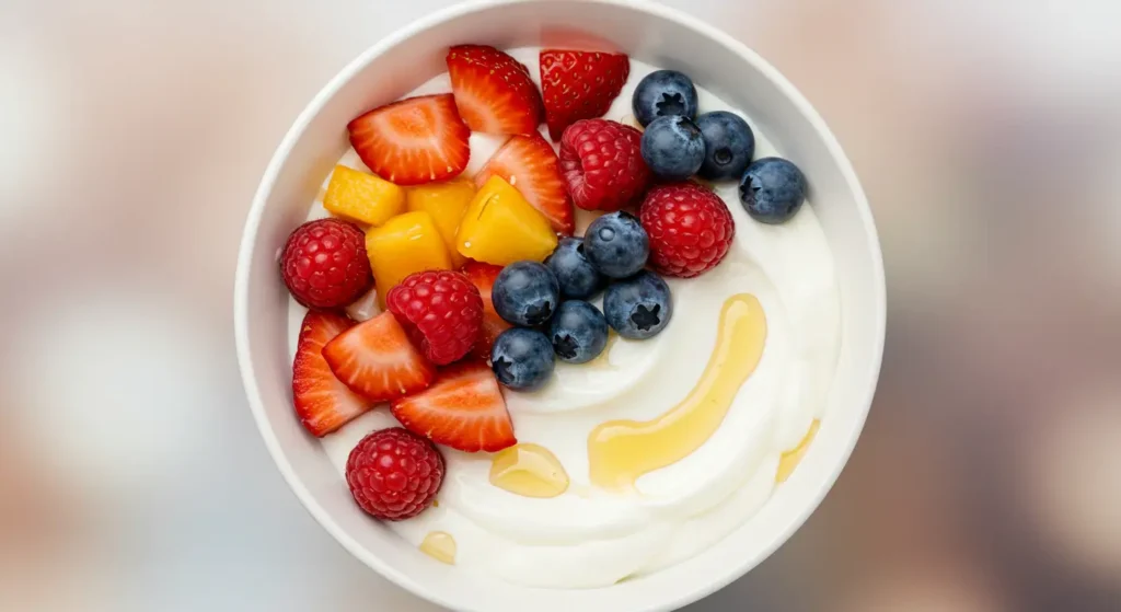 Easy yogurt fruit dip with Greek yogurt and mixed fruits for a party appetizer