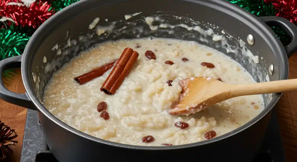 Traditional Puerto Rican Arroz con Dulce served in a bowl with raisins and coconut milk