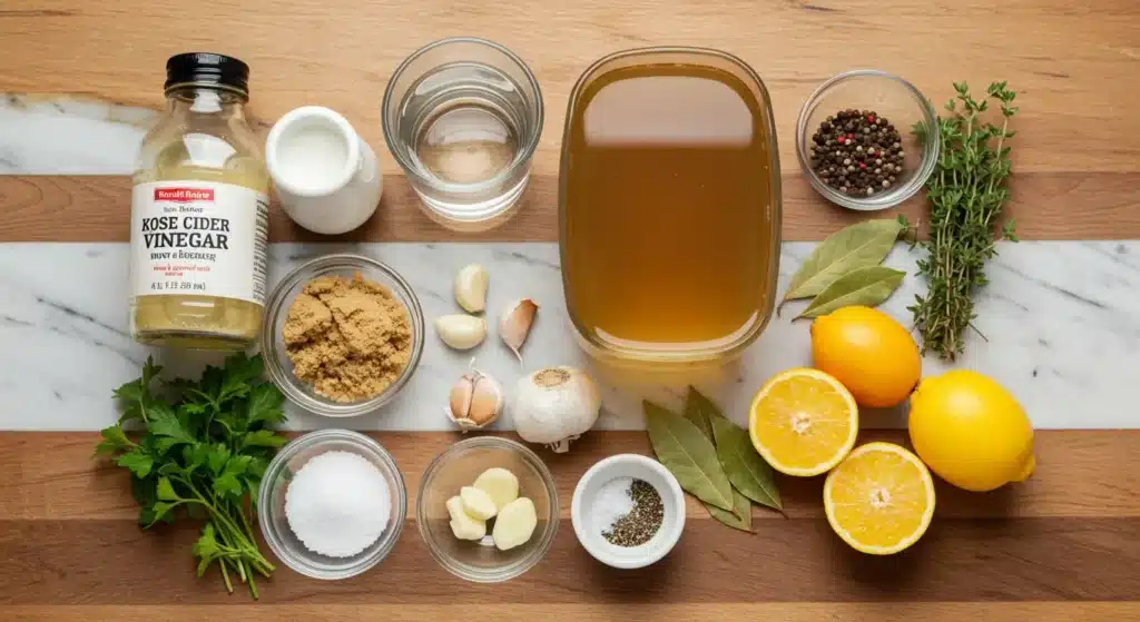 Easy brine for chicken wings with apple cider vinegar, spices, and bay leaves in a bowl
