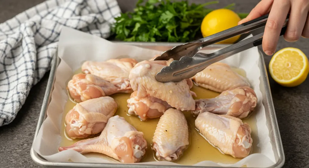 Step-by-step brine for chicken wings with lemon slices and peppercorns