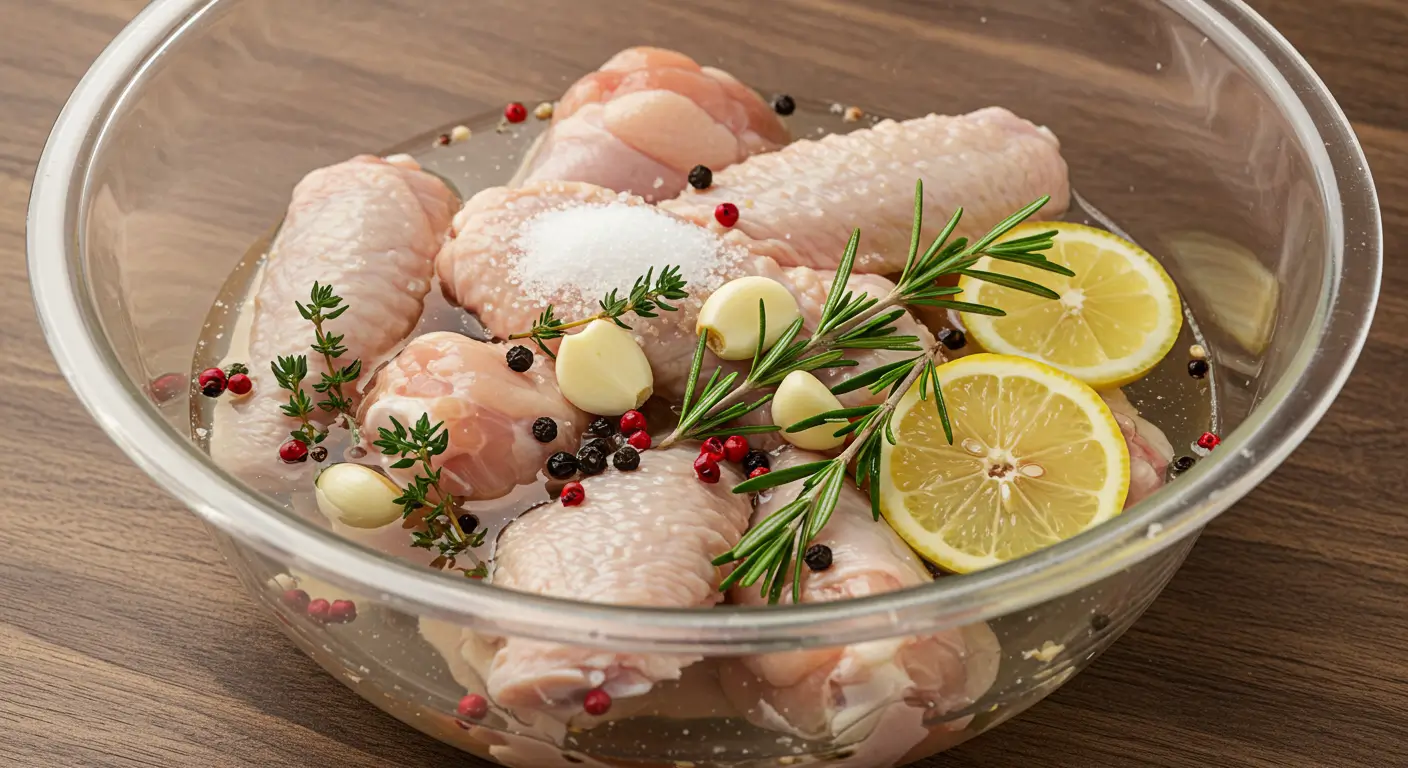 Raw chicken wings soaking in a homemade brine with salt, garlic, and herbs
