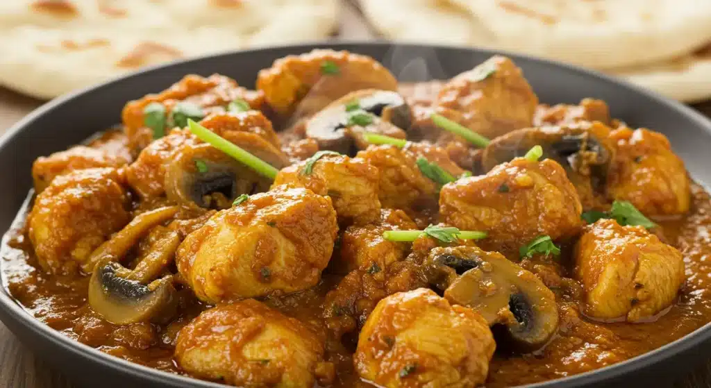 Hearty chicken mushroom masala served with basmati rice and garnished with cilantro
