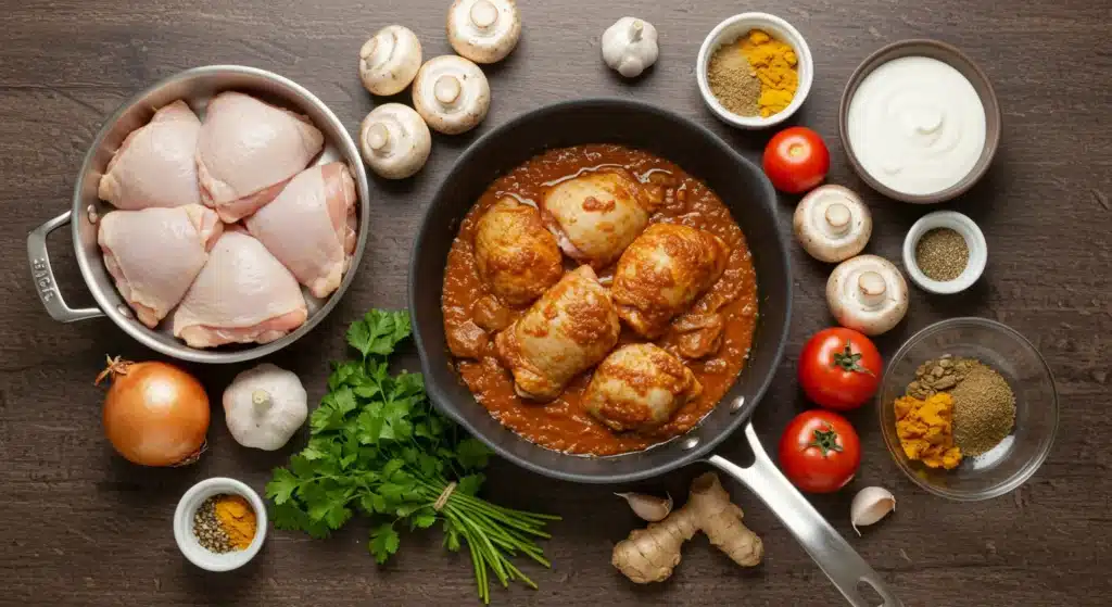 
Creamy chicken mushroom masala cooked with Indian spices and tender mushrooms
