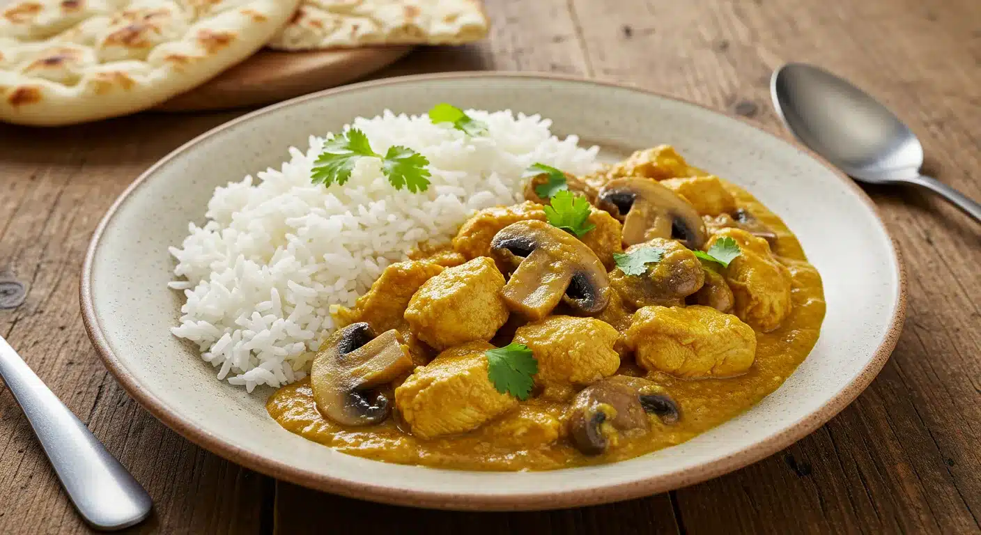 Spicy chicken mushroom masala simmered in a rich tomato and onion gravy