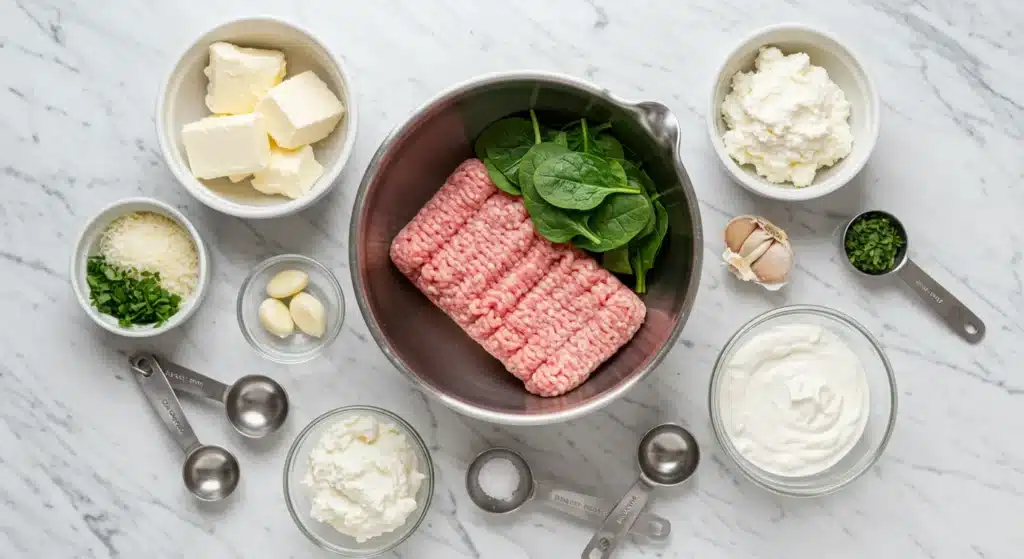 Creamy spinach Alfredo sauce poured over juicy chicken ricotta meatballs in a skillet