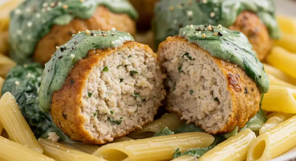 Chicken ricotta meatballs with spinach Alfredo sauce garnished with parmesan and herbs